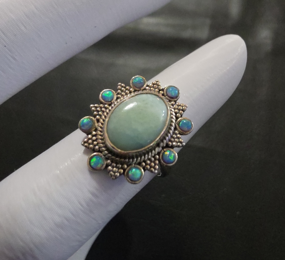 925 Larimar Center and Opal Accent Ring